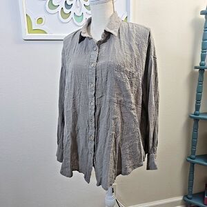 Easel Khaki Long Sleeve Button Up Blouse Women's Size Large Cotton Guaze Relaxed